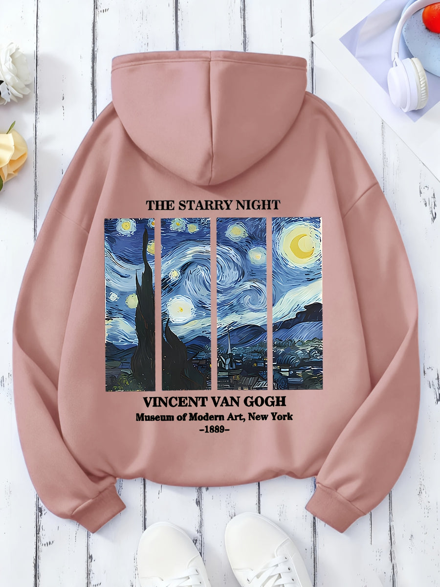 Women'S Autumn Winter All-Match Casual Hooded Sweatshirt, Starry Night Van Gogh Art Print Fashion Comfortable Jacket - Pink Color