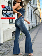 [Printed Pants - Not Denim Fabric]High-Elastic Digital Printing Fabric Non-Denim Women'S Spring And Summer New Retro Tube Top Non-Denim Printed Slim Micro-Flared Jumpsuit Slim Fit Sexy Hot Style Party Wear Off-Shoulder Jumpsuit - Denim Blue