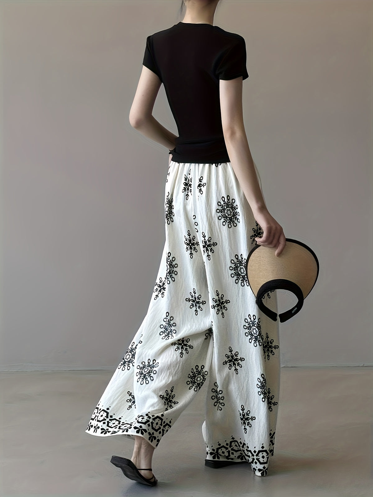 Bohemian Vintage Print Drawstring Wide-Leg Pants for Women, Summer Lightweight Straight-Leg Casual Trousers - White