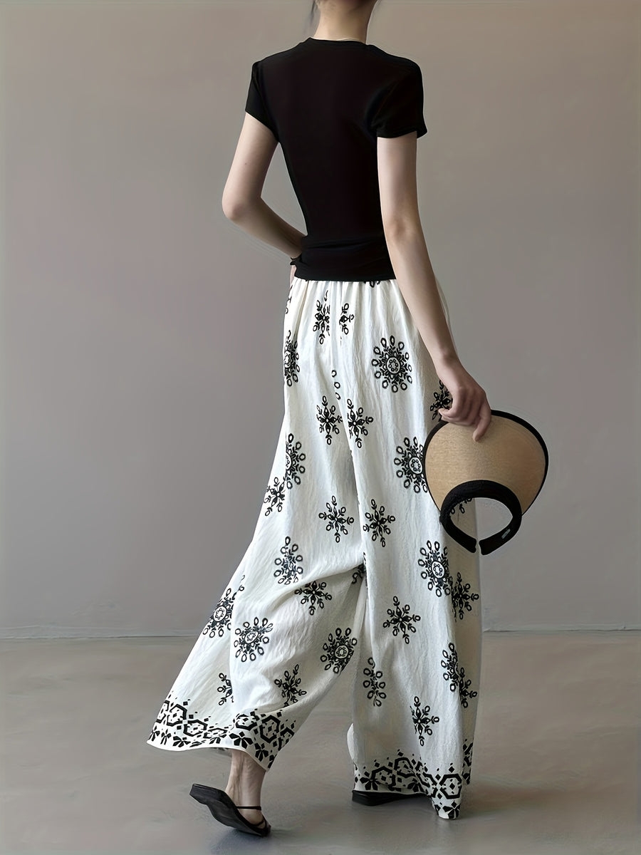 Bohemian Vintage Print Drawstring Wide-Leg Pants for Women, Summer Lightweight Straight-Leg Casual Trousers - White