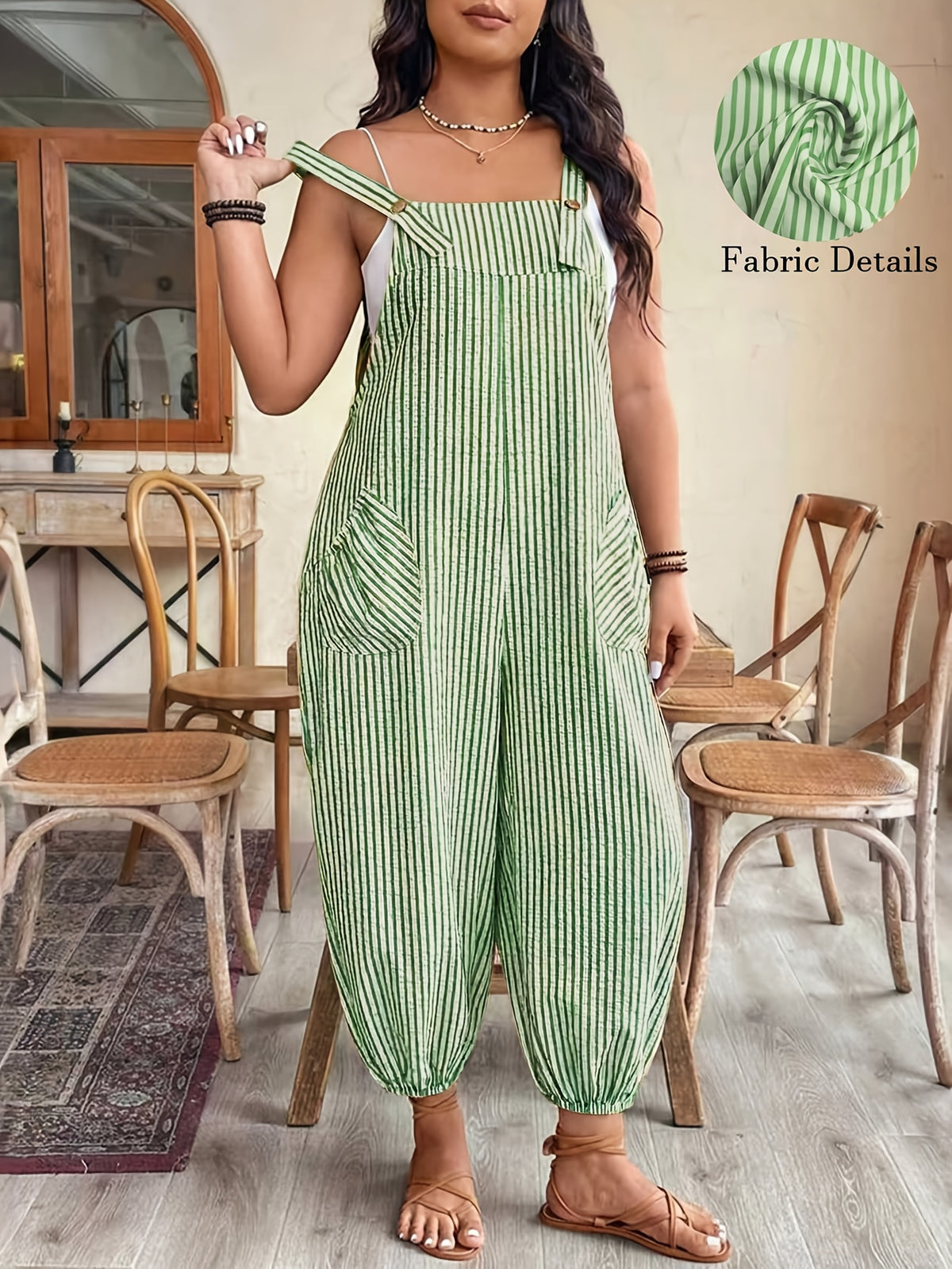 Standard Size Women's Spring/Summer Elegant and Fashionable Commuter Striped Pocket Cuffed Suspender Jumpsuit - Green And White Stripes