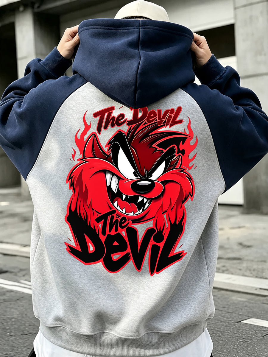 Men's Color-Block Raglan Zip-Up Hooded Sweatshirt, Flame Red The Devil Taz Monster Cartoon Graphic Front and Back Print Style, Men's Trendy Cardigan Hoodie, Loose Outerwear, Pocket Design, Comfortable, Daily Wear, Commuting, Vacation - Navy Color