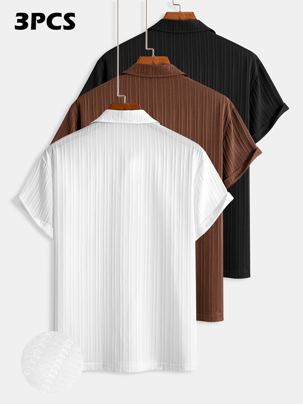 3pcs Men'S Notch Collar Short Sleeve Polo Shirt, Vertical Ribbed Texture Breathable Casual Tee, Loose Fit Solid Color Summer T-Shirt for Daily Office Travel Men'S Clothing, All Seasons, Teens, Fashion, Slim Fit, Long Sleeve, High Waist, Cropped, Work - White+Coffee+Black