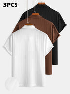 3pcs Men'S Notch Collar Short Sleeve Polo Shirt, Vertical Ribbed Texture Breathable Casual Tee, Loose Fit Solid Color Summer T-Shirt for Daily Office Travel Men'S Clothing, All Seasons, Teens, Fashion, Slim Fit, Long Sleeve, High Waist, Cropped, Work - White+Coffee+Black
