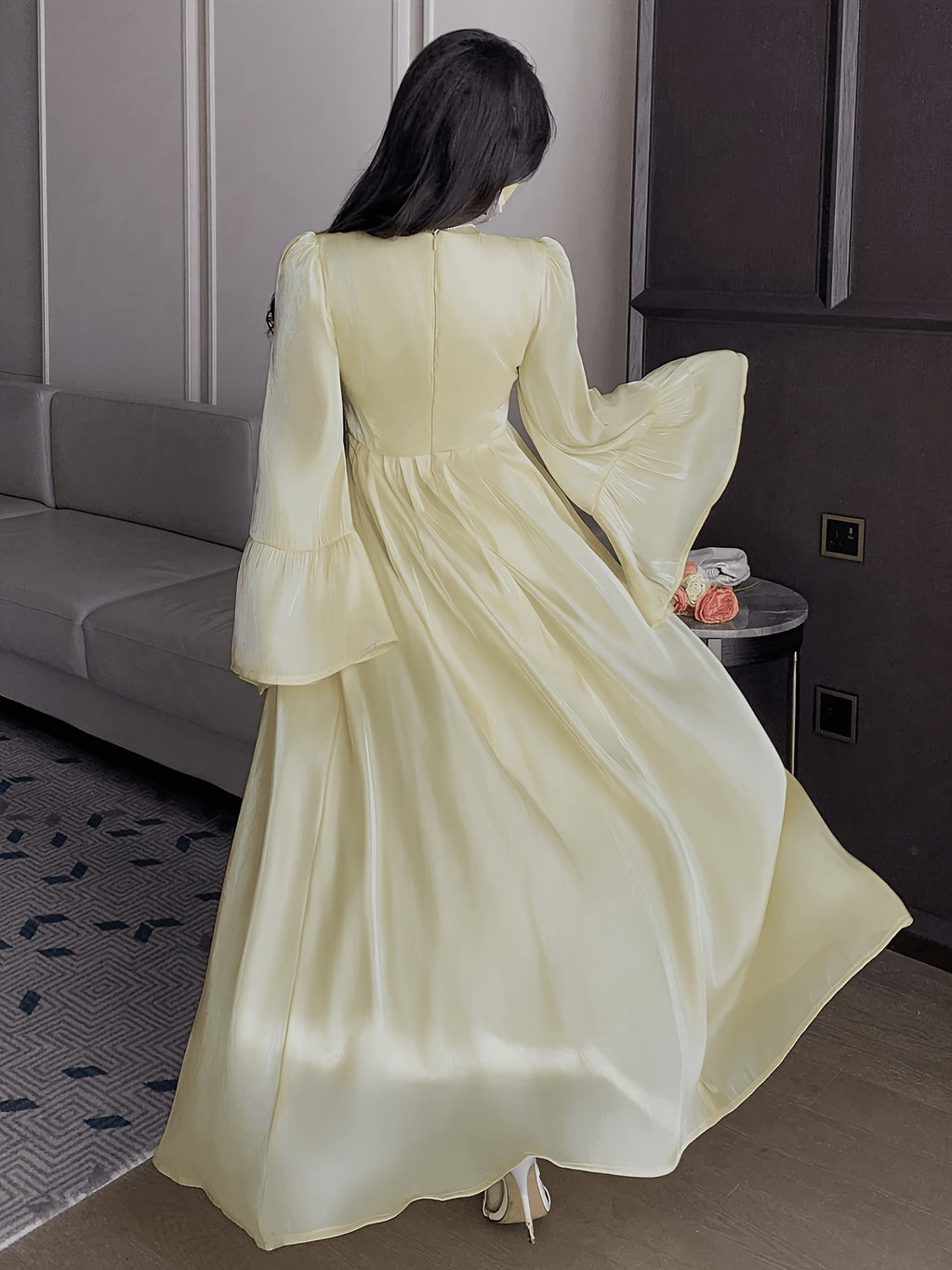 [WY260306061] Elegant Style Yellow Satin Long Dress Women'S Round Neck Bell Sleeve Tie-Waist Flowing Wedding Guest Party Formal Evening Dress - Yellow