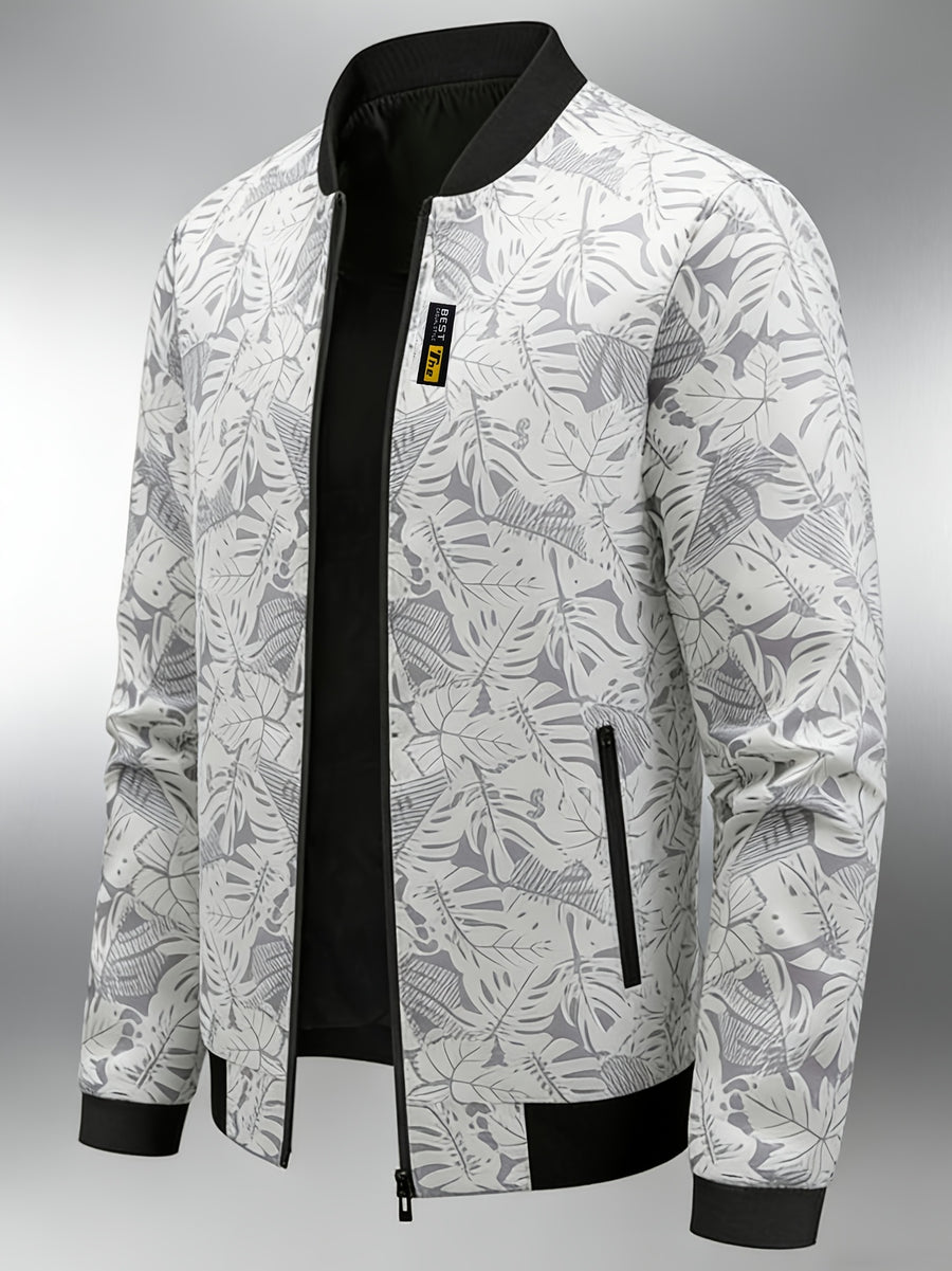 Men's Baseball Collar Print Casual Jacket, Outdoor Windproof Coat with Zipper Pockets Warm Soft Jacket - White