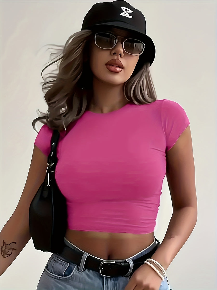 Women'S Fitted Stretch T-Shirt - Casual Basic Top, Comfortable Elastic Fit, All-Season Casual And Formal Wear - Machine Washable. Essential Daily T-Shirt, Versatile Clothing, Fashionable Design, Comfortable Wear, Office Attire, Easy Style - Rose Red