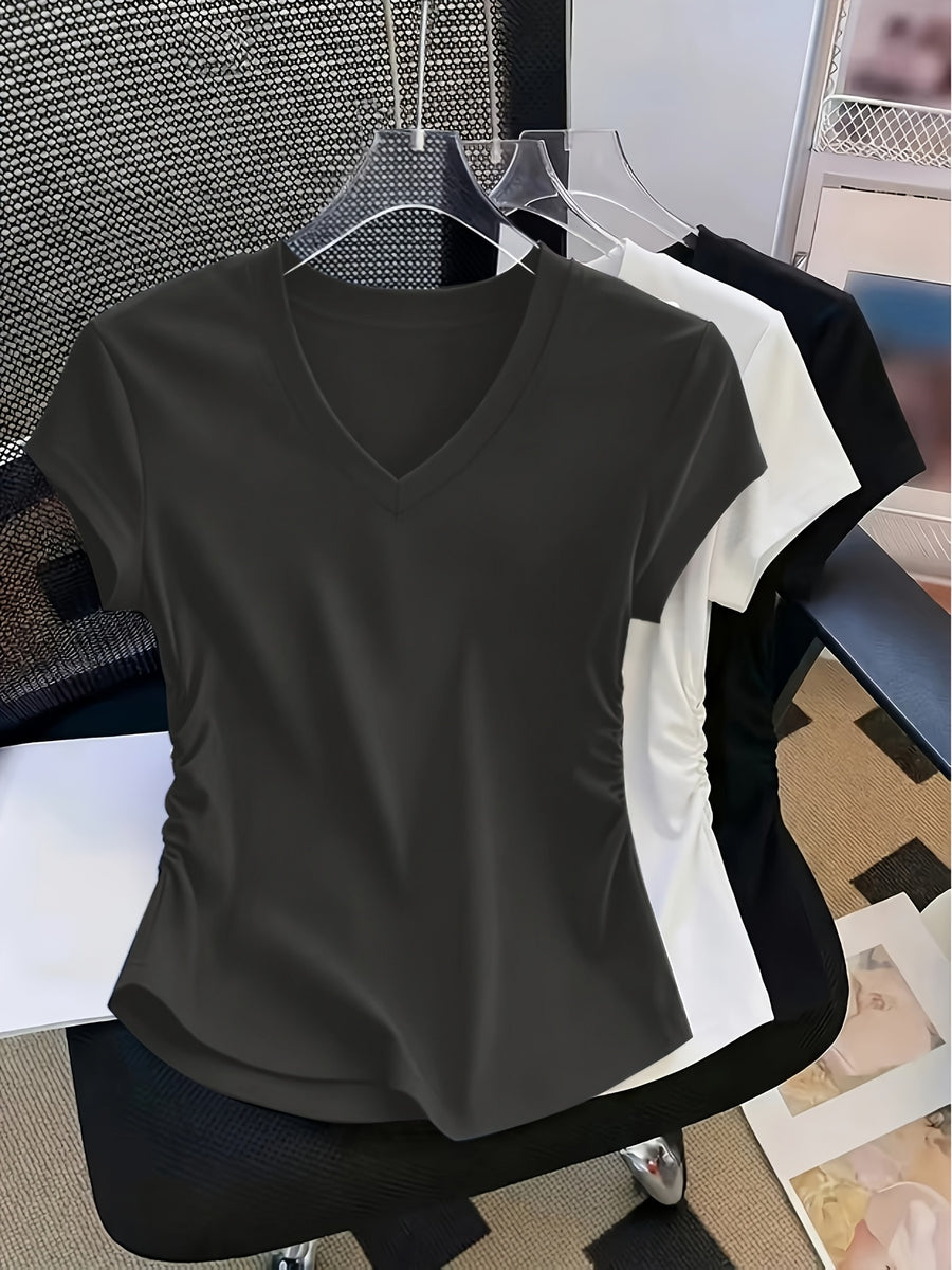 Women'S 3pcs American Retro Casual V-Neck Short Sleeve T-Shirt Spring Summer Slim Short Sleeve Waist Ruched T-Shirt - Mixed Color 4