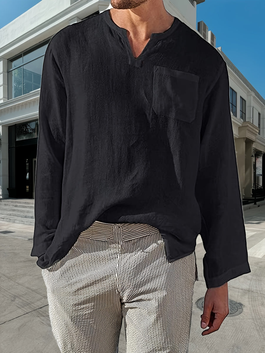 long-sleeved shirt Men's solid color V-neck casual shirt Men's gentle beach Hawaiian pullover breathable comfortable shirt - Black
