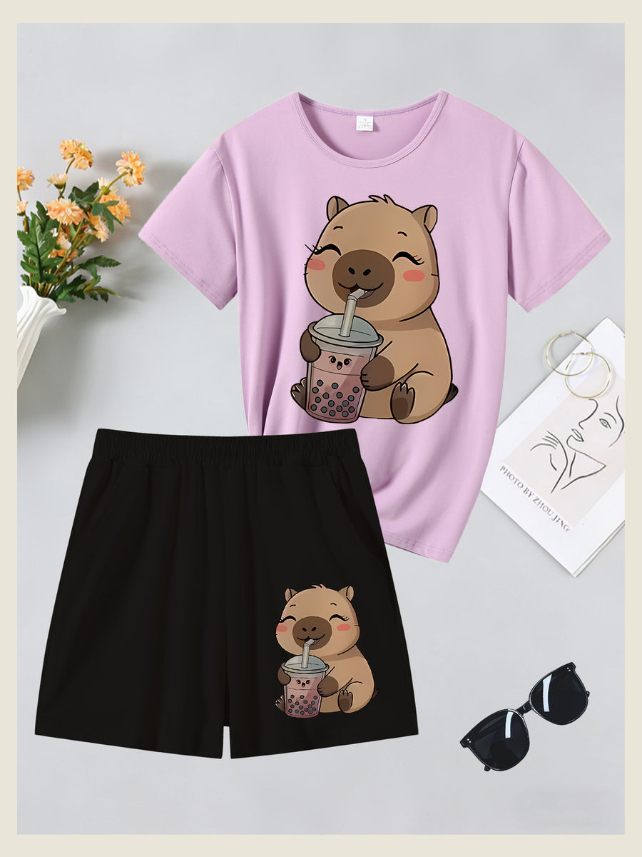 2pcs Women's Spring Summer Short Sleeve & Shorts Matching Outfit - Capybara Print Pajamas Gym Wear Sleepwear, Soft Breathable Pajamas, Valentine's Day Gift, Machine Washable 2pcs Set - Light Purple+Black