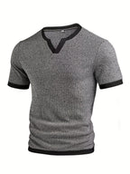 Men's Fashion Top, Spring/Summer Casual Textured Herringbone Fabric, Color-Blocked Split V-Neck Short Sleeve Henley Shirt - Grey