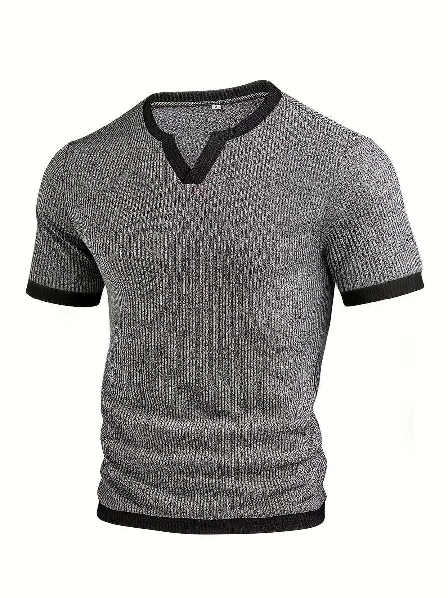 Men's Fashion Top, Spring/Summer Casual Textured Herringbone Fabric, Color-Blocked Split V-Neck Short Sleeve Henley Shirt - Grey