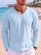 Men's 2pcs V-Neck Long Sleeve Linen T-Shirt, Breathable Loose Solid Color Top for Beach Outings and Daily Casual Wear - Light Blue+white