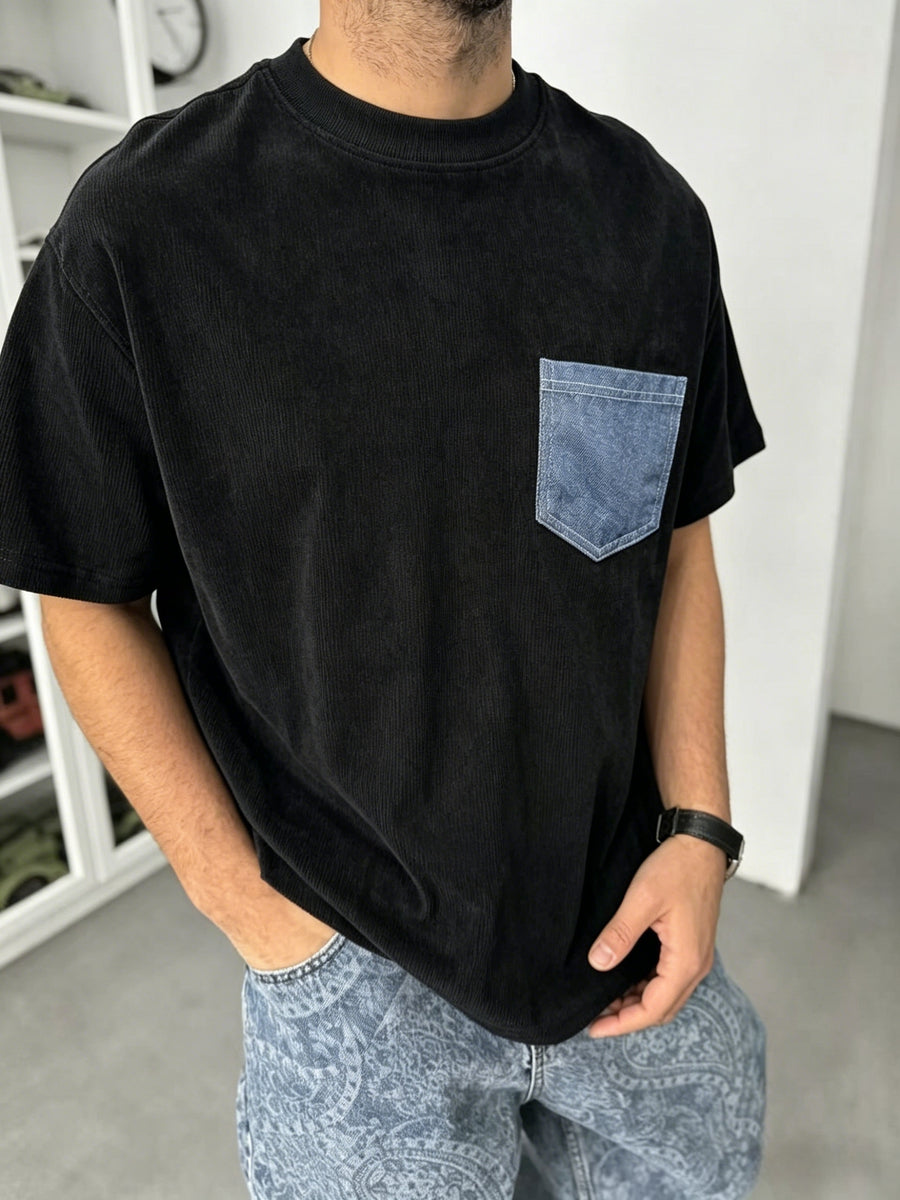 [Shule Water OBM] Summer Men'S Blue Faux Denim Pocket Round Neck Casual T-Shirt - Father'S Day Gift - Black