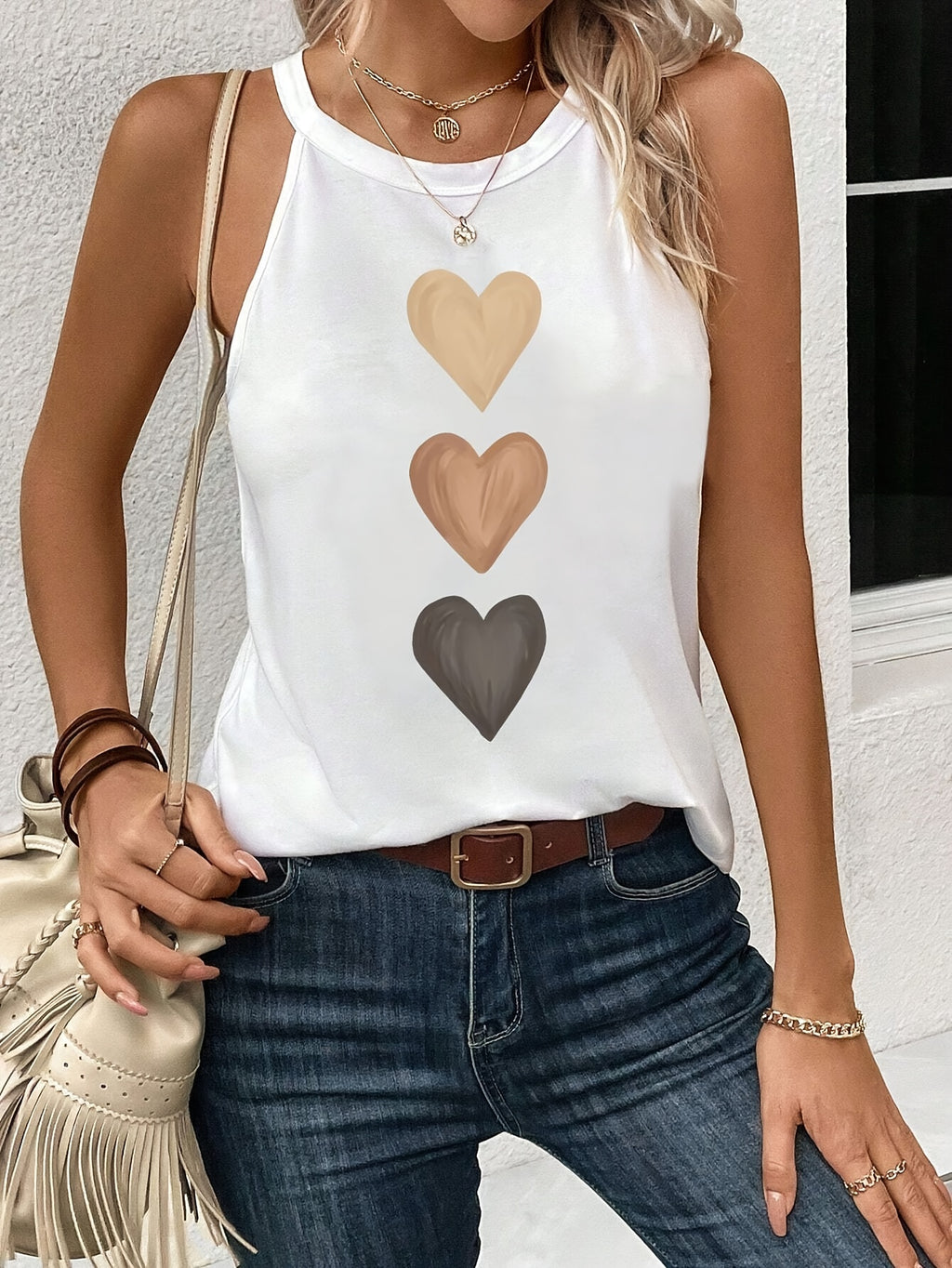 Gradient Heart Print Halter Top, Elegant Sleeveless Top For Summer & Spring, Women's Clothing - White