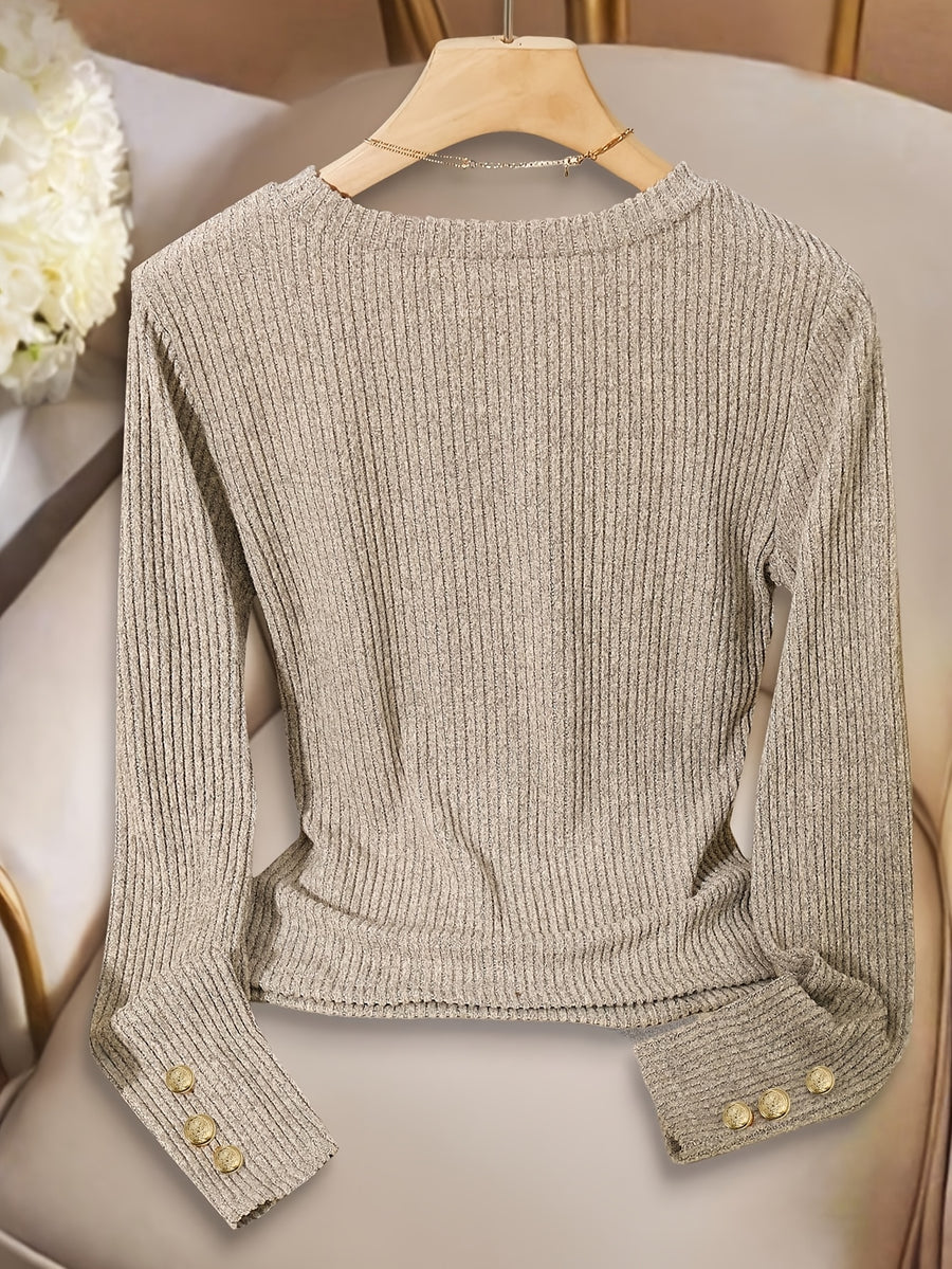 Women'S Fashion Slim Fit Crew Neck Fake Button Long Sleeve T-Shirt - Khaki