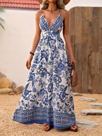 Women's Elegant Floral Print Deep V-Neck Cross-Back Long Dress - Lightweight 100% Polyester, Zipper Closure, Machine Washable, All-Season Versatile Formal & Casual Wear, Casual Elegant Attire | Floral Print Dress | Polyester Fabric, Floral Dress - Blue