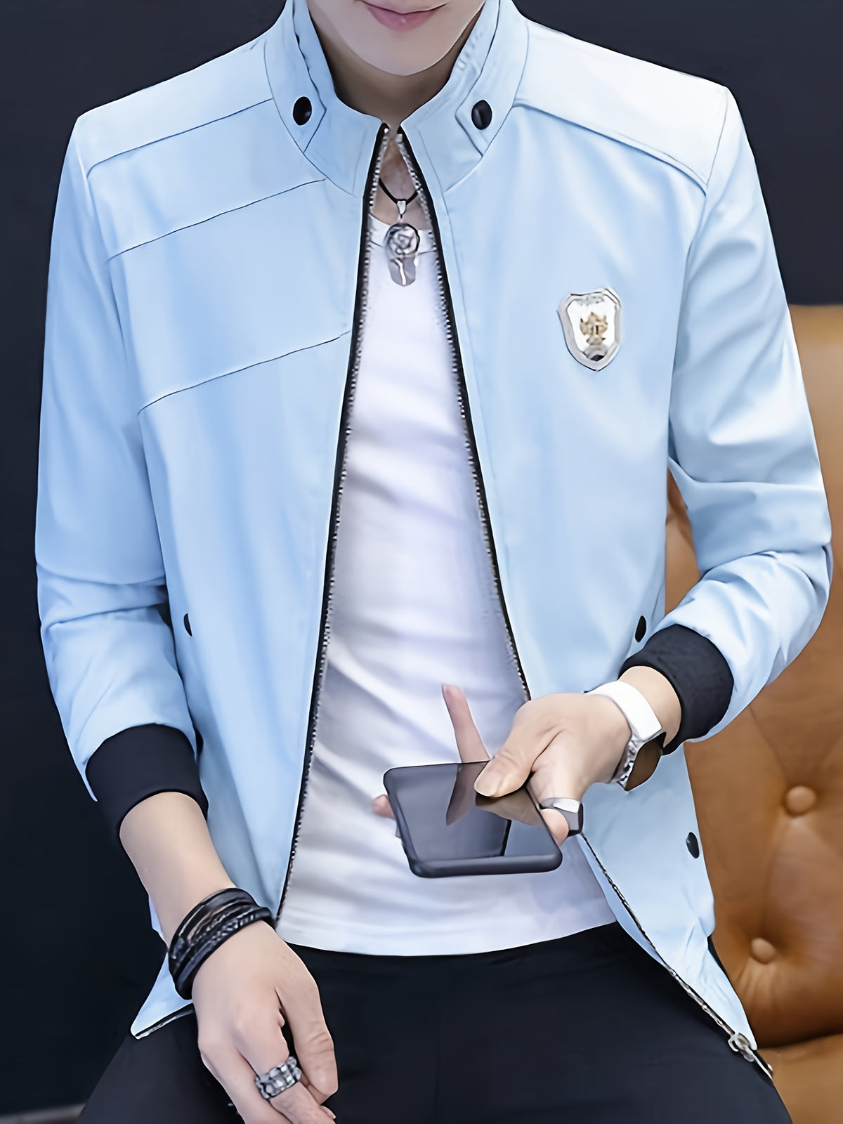 Men's Slim-Fit Stand Collar Jacket - Elegant Beige Polyester with Black Accents, Casual Business Style for Spring and Fall, Stylish Layering Piece | Zipper Closure Jacket | Tailored Fit - 10602 Badge - 888 Blue
