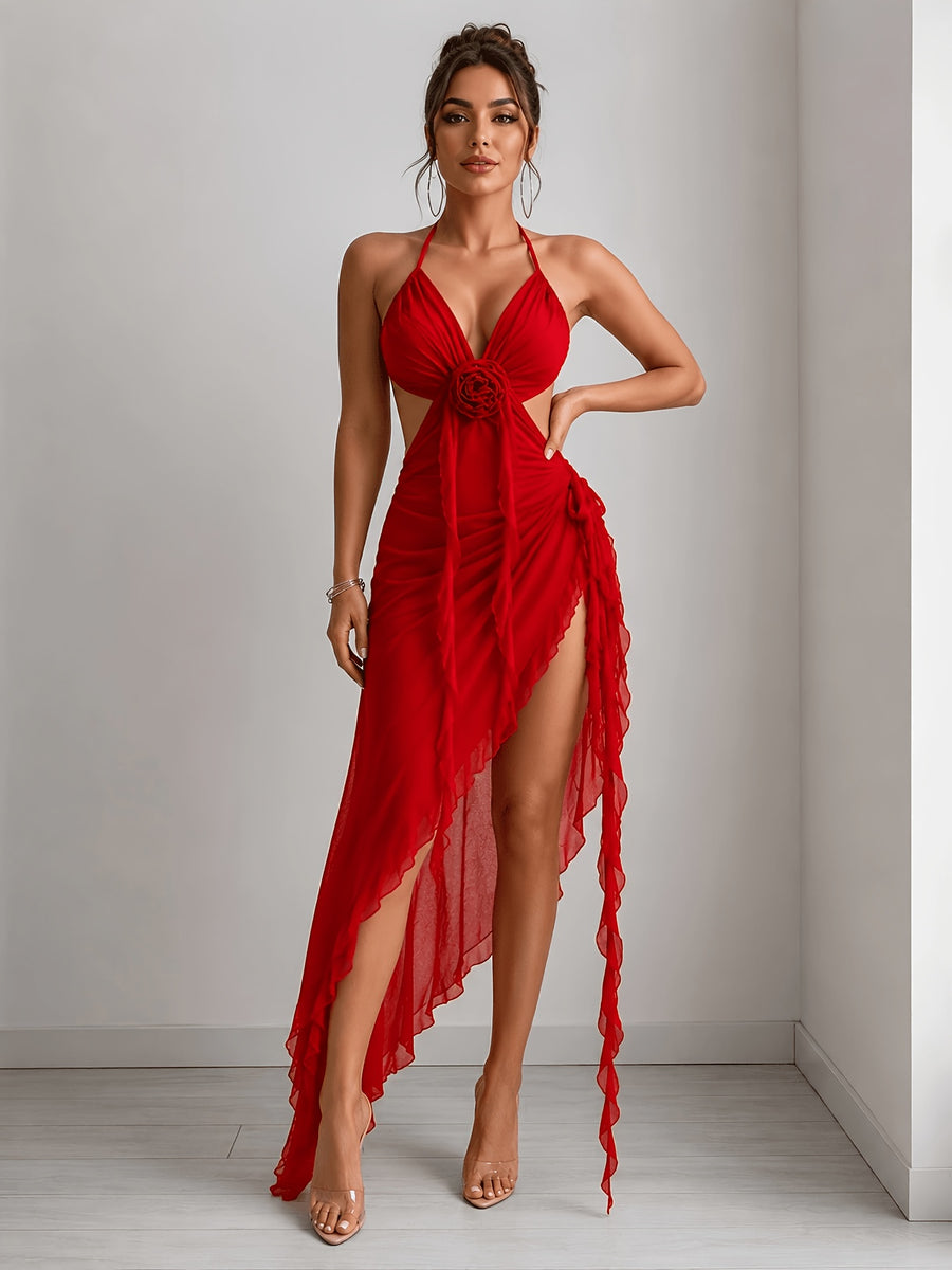 Sexy Plunging V-Neck Backless Long Dress, Elegant Floral Ruffle Split Prom Gown, Hot Exotic Boudoir Loungewear for Women - Red
