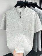 Men's Casual Sport T-Shirt, In-Stock Summer American Streetwear Brand High Street Short Sleeve Casual Fashion Zipper Stand Collar Solid Color Top - Grey