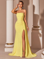 Women's Elegant High-Waisted Slit Long Ribbon Backless Tie Dress for Graduation Party - 【Light Yellow】