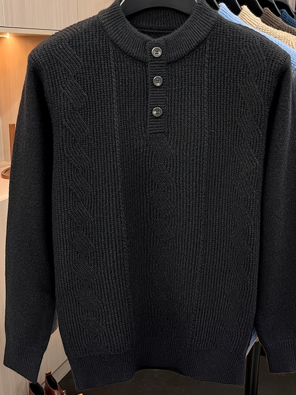 Spring And Autumn Men'S Half-Button Henley Collar Knit Sweater 3D Jacquard Texture Warm Easy And Atmospheric Middle-Aged Men'S Commuter Pullover - Black