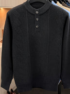 Spring And Autumn Men'S Half-Button Henley Collar Knit Sweater 3D Jacquard Texture Warm Easy And Atmospheric Middle-Aged Men'S Commuter Pullover - Black