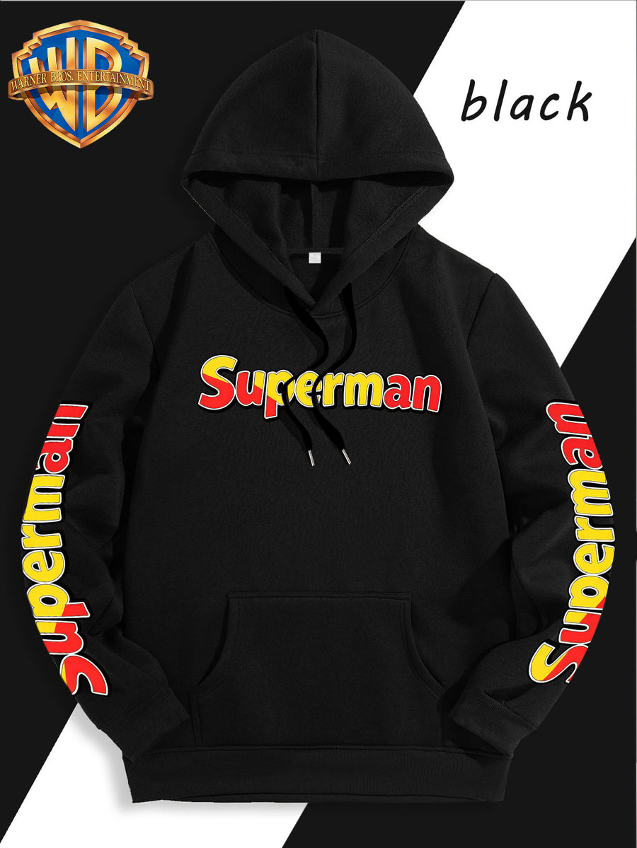 DC Superman Classic S Logo Print Hoodie American Casual Fall Winter Sweatshirt - Men'S Versatile Pullover, Cozy And Warm Fleece-Lined Top for Sports, Outdoor, Travel, Daily Wear, Commute, Home, Perfect Gift for Lovers And Friends - Unisex - Black