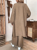 Women'S Loose Long Coat And Versatile Wide-Leg Pants Casual 2pcs Set - Khaki