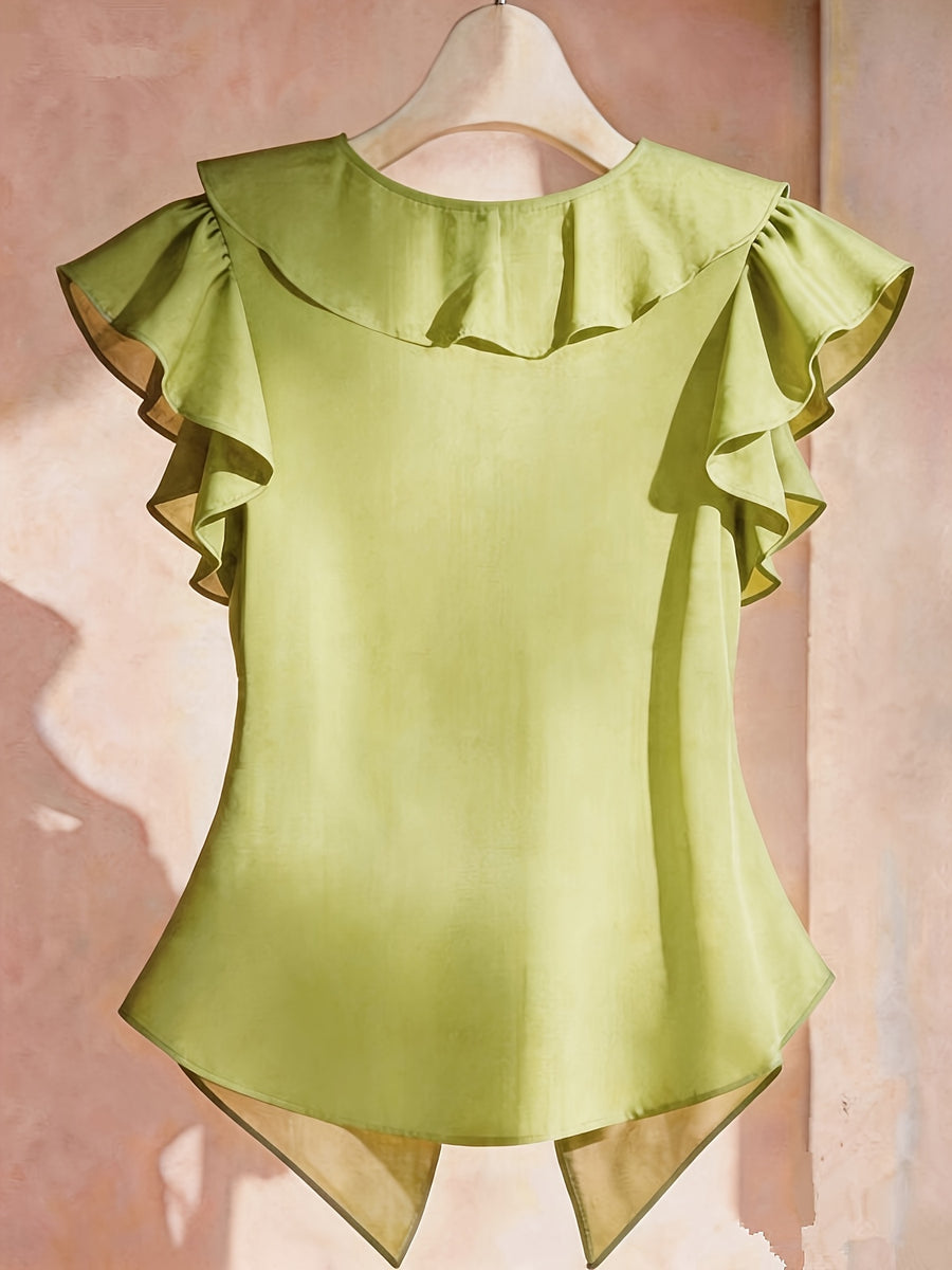 Summer French Solid Ruffled Fly Short Sleeve Shirt Chiffon Top Women'S - Matcha Color
