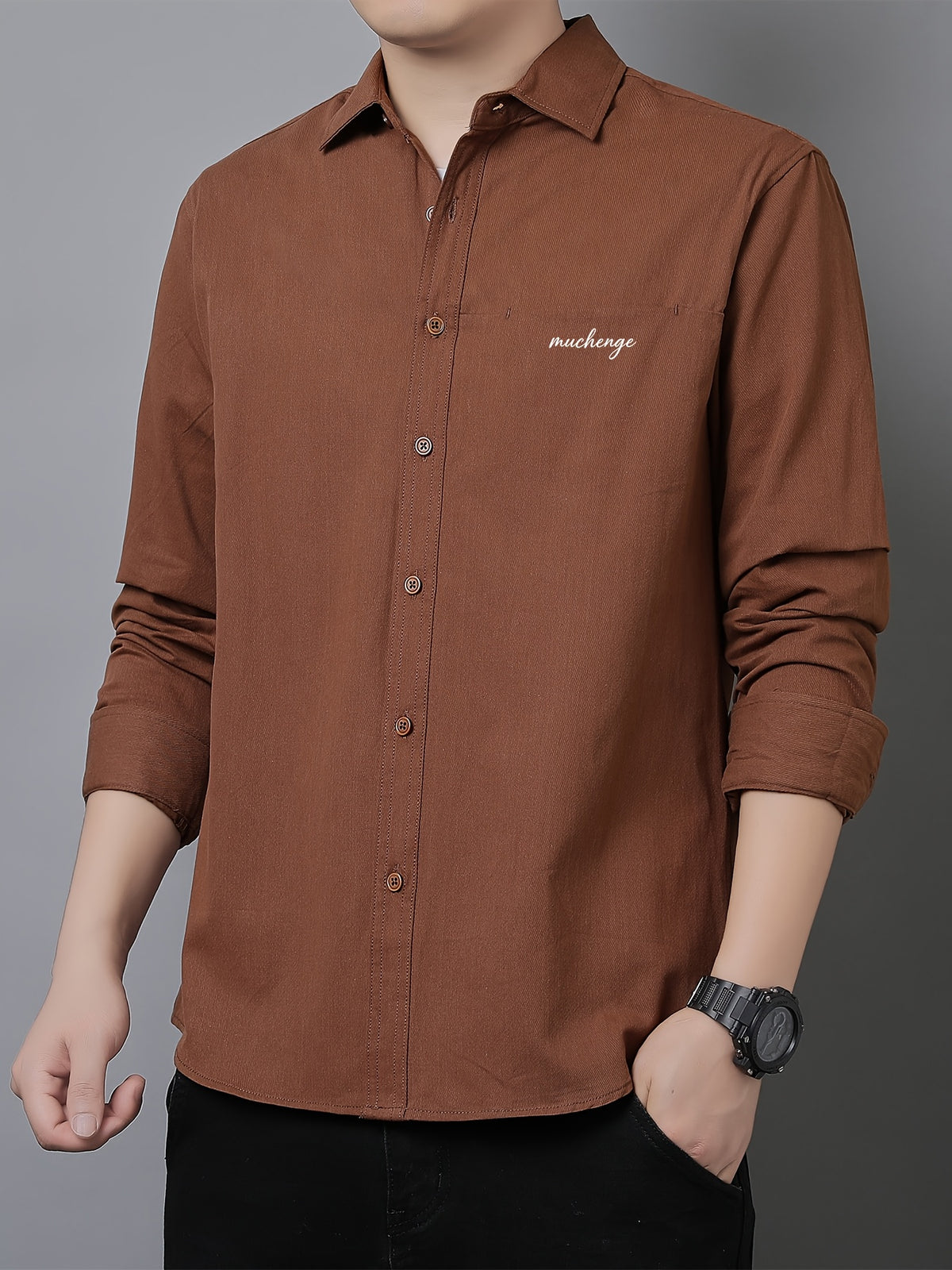 Men'S Long Sleeve Shirt with Lapel, Easy Letter Print Solid Color Hidden Single Pocket Casual Shirt, Washed Breathable Fabric, Spring/Autumn Commute Daily Wear Men'S Top, Inner And Outer Wear Multi-Color Available - Rust
