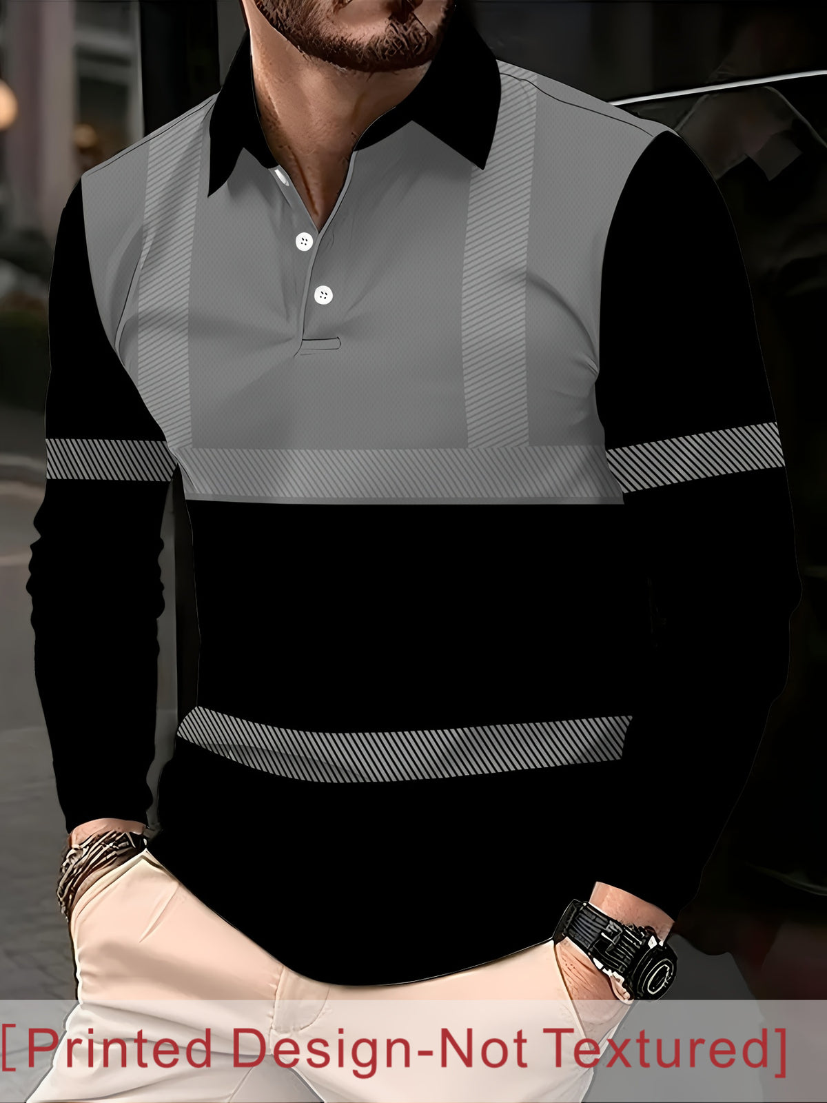 [Printed Design Non-Texture] 2026 New Men'S Casual Long Sleeve POLO Shirt, Black Gray Plaid Striped Design, Light Sports Fitness, Office Casual, All-Season Versatile, Long Sleeve, Spring/Autumn, Breathable And Cool, Soft And Skin-Friendly - Mixed colors