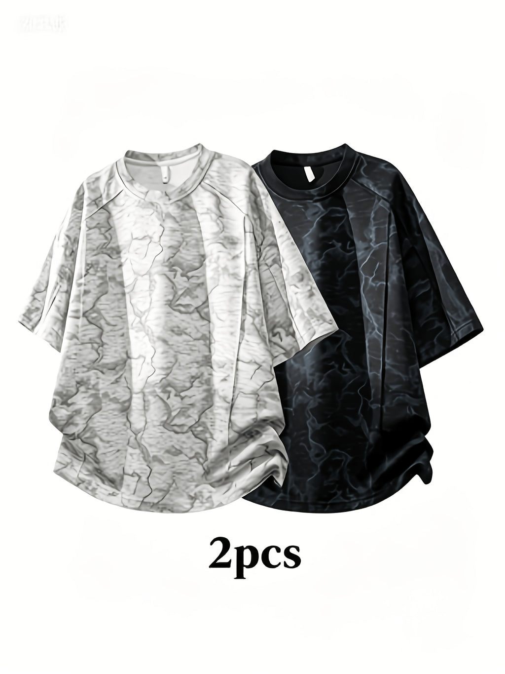 2pcs Summer New Short-Sleeved T-Shirt Men'S Round Neck Loose Ice Fiber Fabric T-Shirt Tie-Dye Gradient Pullover - Black Light Grey