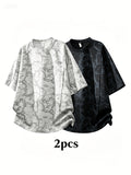 2pcs Summer New Short-Sleeved T-Shirt Men'S Round Neck Loose Ice Fiber Fabric T-Shirt Tie-Dye Gradient Pullover - Black Light Grey