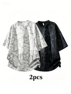 2pcs Summer New Short-Sleeved T-Shirt Men'S Round Neck Loose Ice Fiber Fabric T-Shirt Tie-Dye Gradient Pullover - Black Light Grey