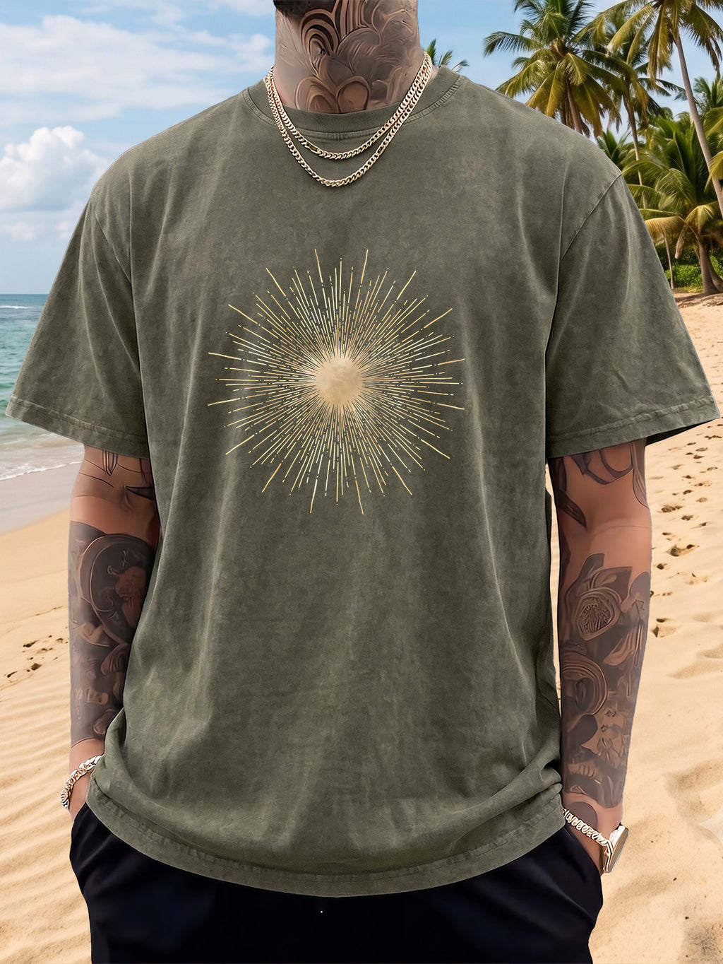 Men's Short-Sleeve T-Shirt, Pure Cotton, Loose Fit, Washed and Distressed, Sunburst Starlight Pattern, Trendy Reverse Double-Sided Print, Multiple Colors for Mix and Match, American Streetwear Hip-Hop High Street Top, for Daily Outings - Military Green