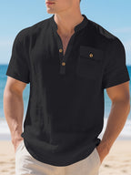 Men's Outdoor Travel Business Simple and Stylish Solid Color V-Neck Half-Open Placket Summer Breathable Comfortable Casual Short-Sleeve Henley Collar T-Shirt - Black