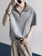 Men's Plaid Patchwork Lapel Half-Zip Short-Sleeve T-Shirt, Summer Loose Fit Casual Premium Polo Shirt - Dark Gray