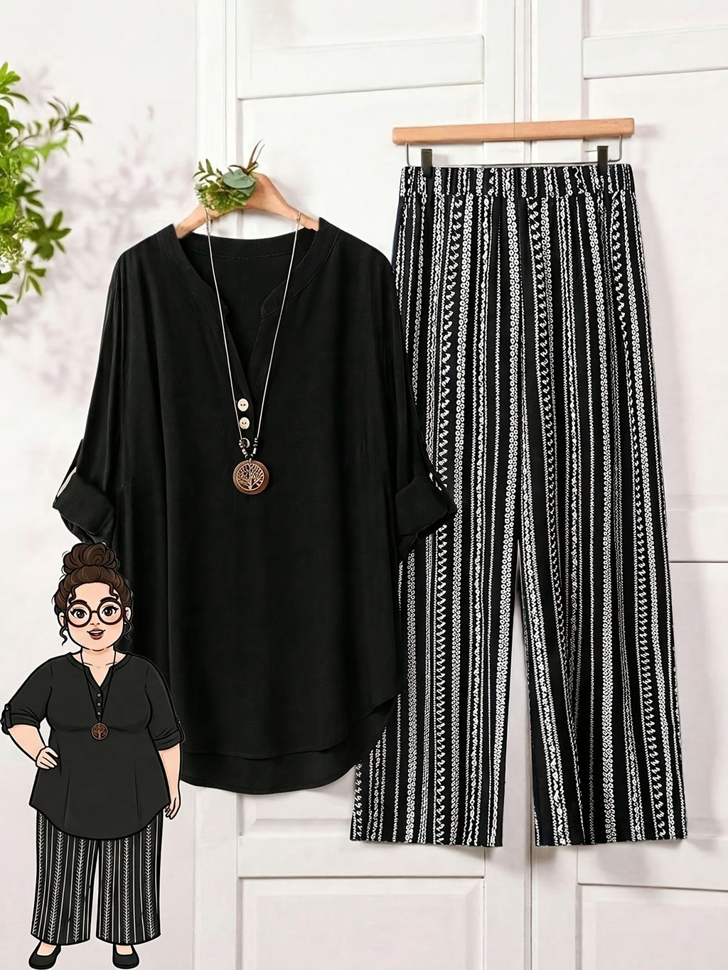 Women's Cuff-Tie Button-Up Shirt and Wide-Leg Pants 2pcs Set - Black