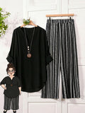 Women's Cuff-Tie Button-Up Shirt and Wide-Leg Pants 2pcs Set - Black