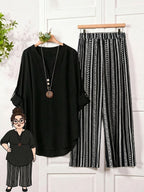 Women's Cuff-Tie Button-Up Shirt and Wide-Leg Pants 2pcs Set - Black