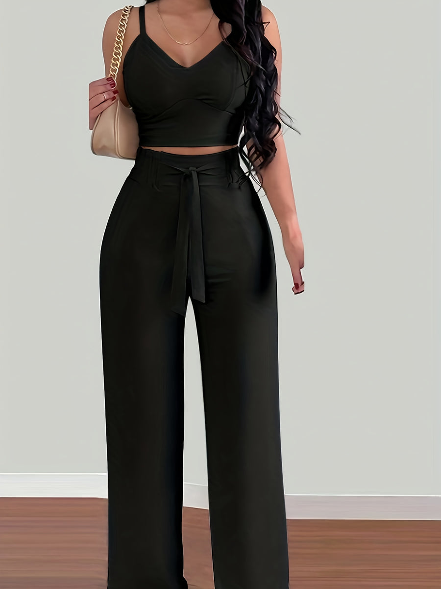 2-piece Women's Set with Thin Strap Stretch Camisole and Wide-leg Pants (front Tie) for Casual Vacation Wear - Black