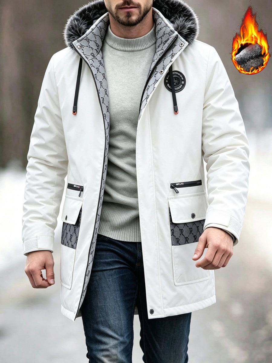 Winter Men's Jacket, Warm Hooded Style Over Jacket, Large Faux Fur Mid Length Jacket for Men, Casual Workwear with Multiple Pockets Jacket, Versatile Thick Jacket for Young and Middle-aged Outdoor Commuting - White