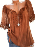 Bohemian Style V-Neck Lace Blouse with Drawstring, Loose Flared Sleeve Breathable Top - Rust