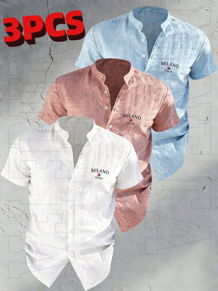 Josh Rose OBOM | Lightweight and Breathable Solid-color Button- Shirt with Geometric Pattern, Featuring a Simple Stand-up Collar Design. Suitable for Beach Vacations, Pool Parties, and Casual Wear. Comfortable and Simple for Daily Outings - White+rose red+sky blue