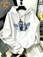 Warner Bros Official American Cartoon Batman Streetwear Print Creative Casual Hoodie - Men's Fashion Hoodie, Adjustable Drawstring Loose and Comfortable Sweatshirt, Suitable for Daily and Outdoor Sports Wear, the Perfect Choice for Warmth in Autumn - White