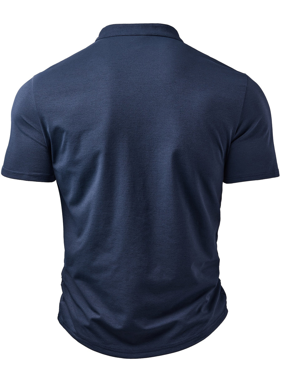 Men's Fashion Top, Spring/Summer Outdoor Casual Knitwear, Color-Block Patchwork Crew Neck Single-Breasted Chest Pocket Patchwork Short Sleeve Men's Henley Shirt - Navy blue color