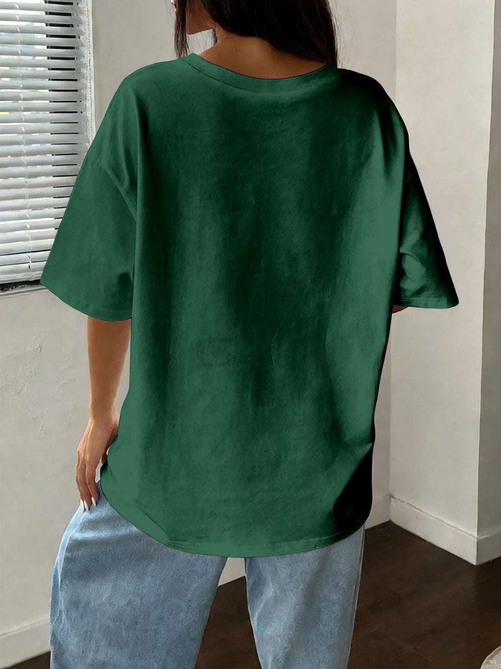 Women's Oversized Round Neck T-Shirt - Lightweight Short Sleeve Blouse Basic Solid Color Top | Spring Summer Casual Loose Fit Pullover, Machine Washable Suitable for Casual Attire, Office, Lounge & Layering - Dark Green