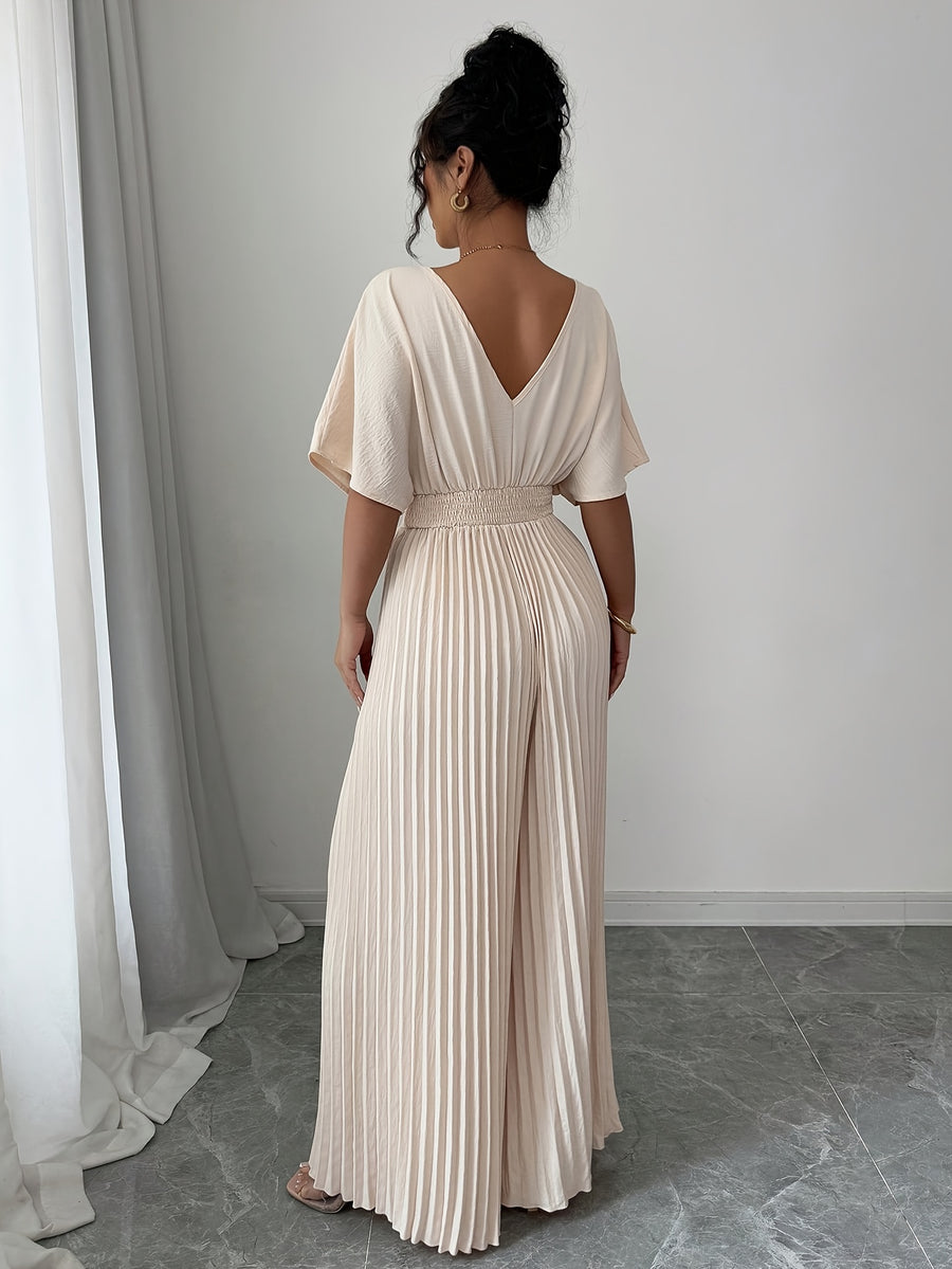 Women's Elegant Batwing one-Piece Pants - Formal & Casual Outfit, Flowy Long Pants, Machine Washable Non-Transparent Party & Casual Attire for Women, Seasonal Fashion, Vneck Design, Nontransparent Fabric - Apricot