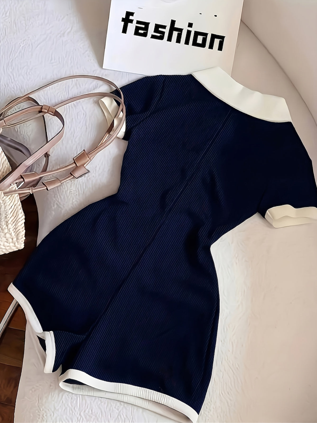 1 Piece of Color-blocked Elegant Slim-fit Lapel Mini Jumpsuit with White Trim, a for Back-to- Season and Daily Wear - Navy Color